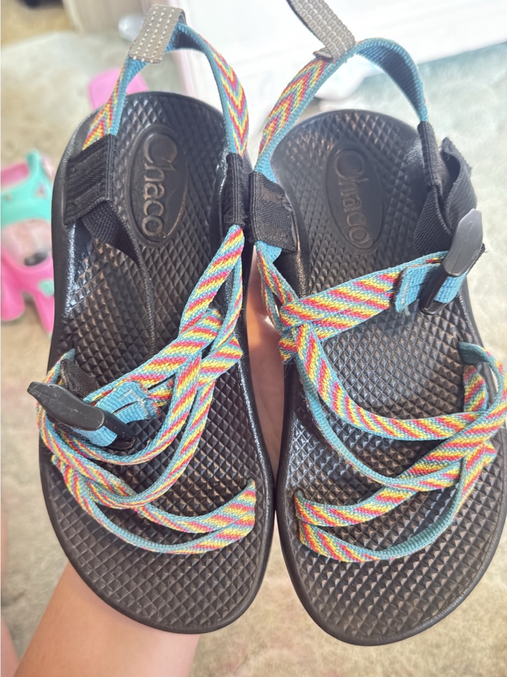 Chaco Black Sandals with Multicolor Braided Straps Size 1